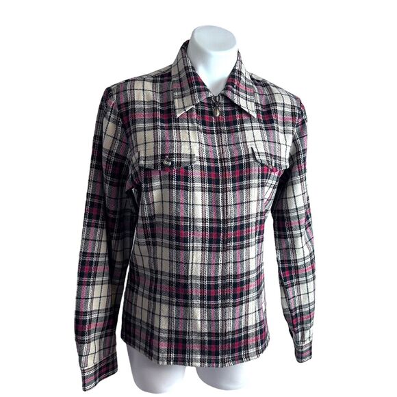 80s Vintage Express Shacket Sz M Plaid Zip Front Flannel Jacket Gorpcore Preppy - Picture 1 of 14
